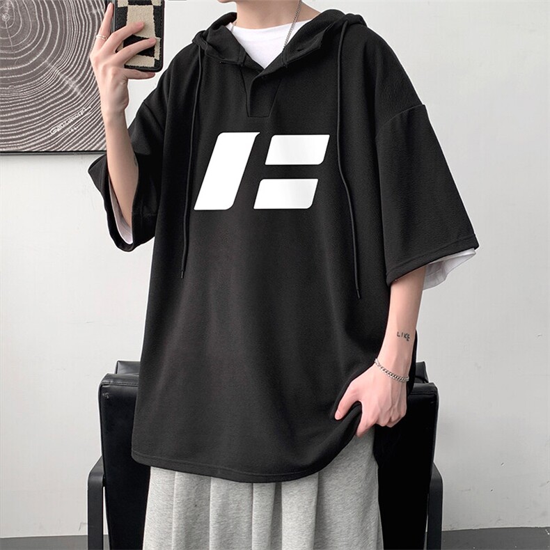 LD5435-P45连帽短袖t恤男大码胖子带帽五分袖中袖,男装T恤,电商A040