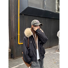 现货重磅boxy短款棉衣座山雕大毛毛领男女棉服水洗工装厚外套，男装棉衣，电商A486-1