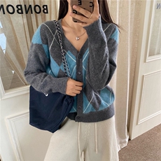 2025年秋季新款羊毛拉绒英伦老钱风百搭菱形格V领开衫，女装羊毛衫，优麦羊绒（原洪叶羊绒）