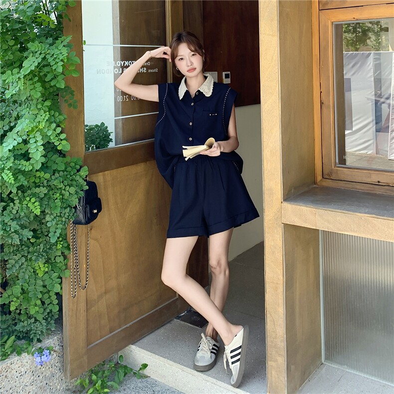 2025夏季新款藏青色百搭绝美套装女减龄设计感上衣短裤淡人两件套图片