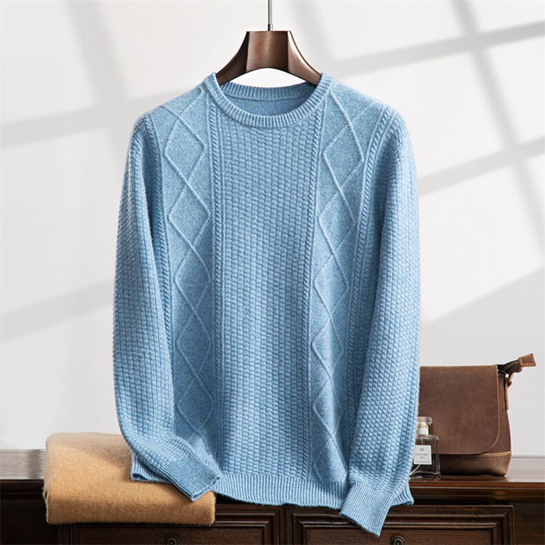 2024秋冬新款35%山羊绒男士套头加厚圆领菱形羊绒衫，男装羊绒套衫，曼云男装羊绒
