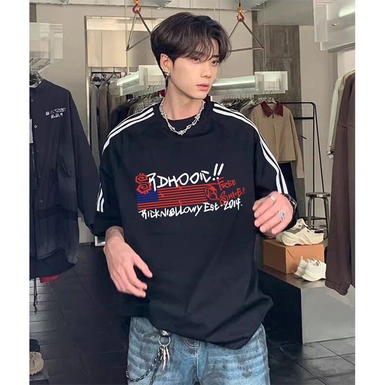 抖音得物高品质二开240克宽松纯棉美式潮牌三条杠织带短袖T恤，男装T恤，电商A486-1