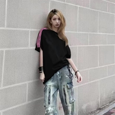 抖音得物品质二开240克宽松纯棉美式潮牌印花三条杠中性风短袖T恤，男装T恤，电商A486