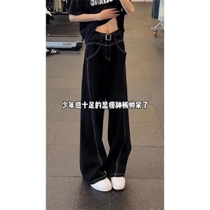美式复古解构明线质感黑牛仔裤男女廓形宽松阔腿裤K71366-P39网图图片