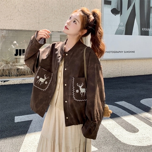 棕色复古刺绣棒球服外套女2025秋季新款韩版宽松减龄小个子夹克潮图片
