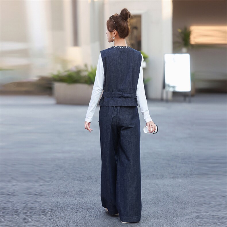牛仔套装女2025开春新款超火休闲小香风马甲阔腿裤三件穿搭一整套,女装套装/套裙,歌伊格美