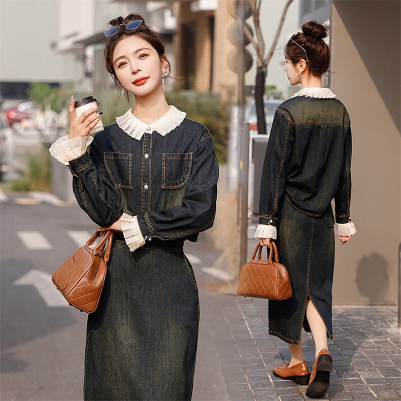 2024春秋季牛仔半身裙时尚两件套女，女装套装/套裙，秋水欣儿