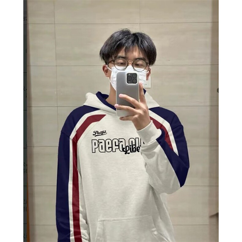 抖音得物秋装美式重磅全棉拼接撞色连帽卫印花衣外套A3201，女装短外套，电商A443