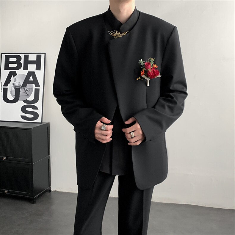 2025新中式中山装无领休闲西服结婚礼服结婚登记休闲西装新郎礼服,男装西服套装,星座909