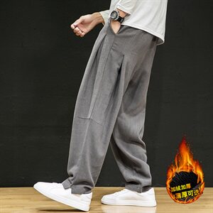 秋冬中国风亚麻休闲裤男加绒加厚阔腿裤男QT6008-K031-P65加绒P75图片