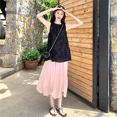 黑色夏日绝美不规则半身裙一整套2025新款提花背心小香风裙子套装，女装短外套，2C050