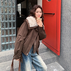 冬装撞色羊圈毛大翻领羽绒内胆90绒短外套2C239-109-P285-K398，女装羽绒服，2C239