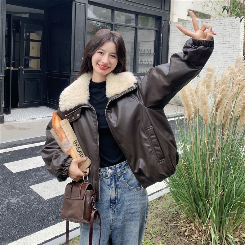 高级感气质羊羔毛领皮衣外套女2025冬季减龄韩系复古90白鸭绒外套,女装羽绒服,蝶眷