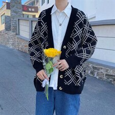 秋季格子开衫毛衣男ins潮牌慵懒风宽松外套韩版潮针织衫M3635-P48，男装针织衫/毛衣，星座1008-1