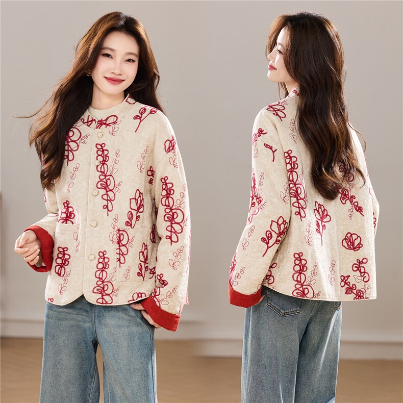 冬季新款新中式小立领重工刺绣双口袋宽松版洋气时尚棉衣外套女，女装棉衣/棉服，央宝儿