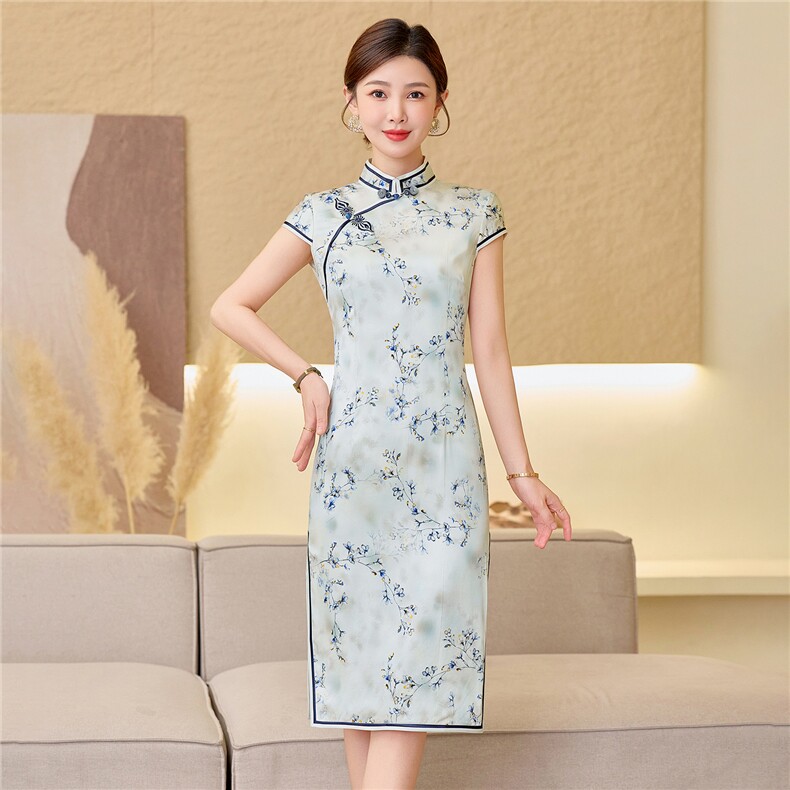 杭州品质真丝长裙复古印花连衣裙女春夏日常修身清新淡雅真丝旗袍,女装汉服/婚纱/旗袍/礼服,小荷流