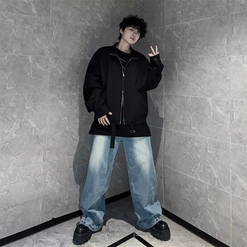 韩版感痞帅简约短款外套男潮流宽松休闲小众设计立领夹克潮 T128图片