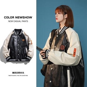主推中性风美式字母刺绣pu皮衣棒球服街头百搭宽松情侣夹克外套图片