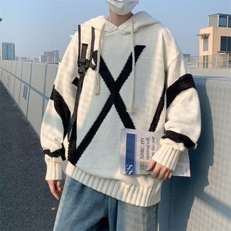 高级感小众字母提花连帽毛衣男女秋季日系复古宽松慵懒风针织外套图片