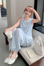 蓝色温柔系穿搭木耳边背心上衣套装女夏新款显瘦轻薄阔腿裤两件套，女装套装/套裙，慧尚2-185