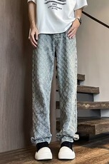 美式复古牛仔裤男新款潮牌宽松满印设计感小众直筒裤子A0222-p45，男装牛仔裤，星座1008