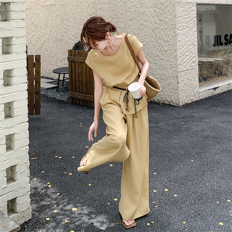 休闲气质棉麻阔腿裤套装女夏2025新款两件套韩系夏日ootd穿搭图片