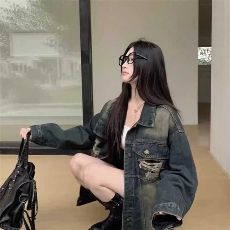 美式复古做旧破洞牛仔外套女春秋新款宽松炸街夹克上衣L88399-p65,男装工装外套,星座1008
