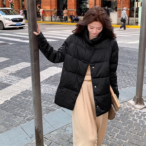短款立领拼接袖简中式一手长加厚羽绒服女宽松保暖外套图片