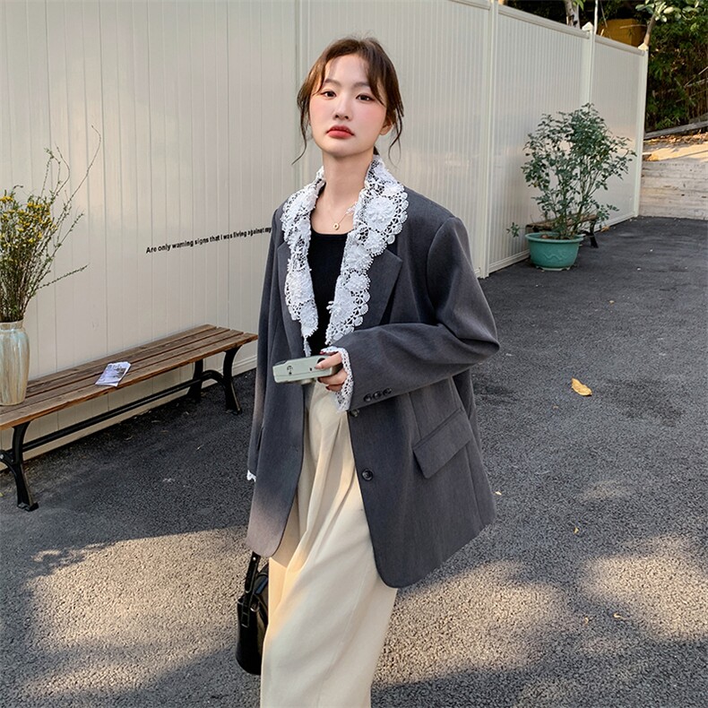 开春设计感蕾丝拼接西装外套女2025新款流行爆款超火气质休闲西服,女装短外套,韩蜜菓