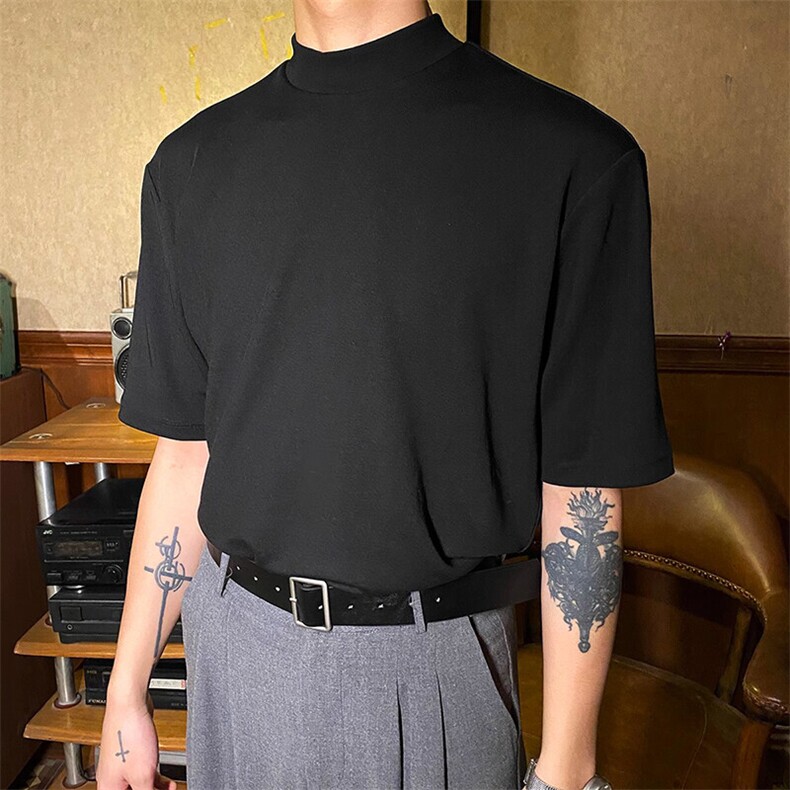 240克宽松弹力纯色简约打底衫气质轻熟风小半高领痞帅日系短袖T恤,男装T恤,电商A486-1