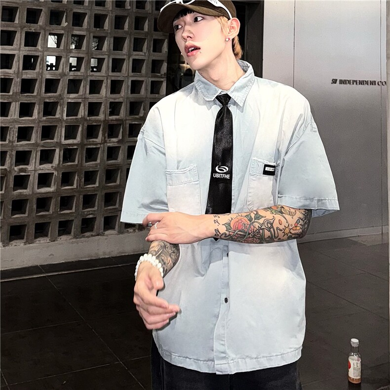 短袖衬衫男夏季新款美式复古高街衬衣小众设计感潮流上衣,男装衬衫,星座716-2