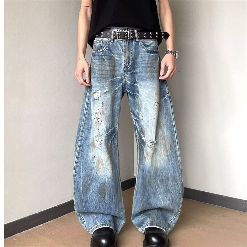 美式复古街头废土风做旧脏破洞直筒牛仔裤弯刀裤男女，女装牛仔裤，星座506A