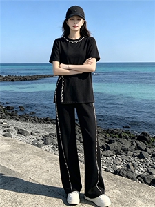 潮流设计感钉珠开叉长款T恤套装女夏季新款时尚显瘦阔腿裤两件套图片 潮流设计感钉珠开叉长款T恤套装女夏季新款时尚显瘦阔腿裤两件套图片
