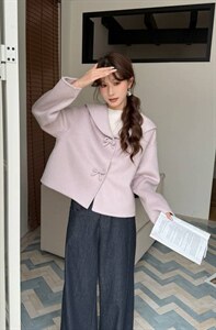 新款上新娃娃领色双面羊毛大衣女短款韩系百搭图片