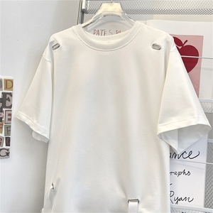 高级感宽松短袖男女款夏季圆领绑带重磅垫肩T恤工装机能半袖上衣图片