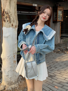 港风甜美蕾丝拼接牛仔外套女小个子2025春季新款短款钉珠翻领上衣图片