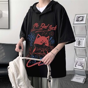 LD54226-P45 连帽短袖t恤男大码胖子带帽五分袖中袖 大皂风图片