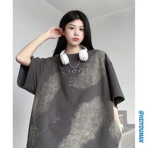复古美式质感时尚T恤宽松圆领小众设计感休闲上衣HY322TP35控58图片