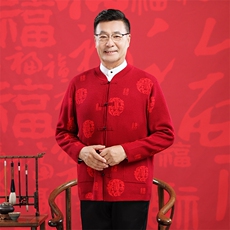 中老年人情侣唐装男女羊毛开衫爸妈本命年红毛衣爷爷奶奶秋冬外套，女装羊毛衫，衣恋羊绒