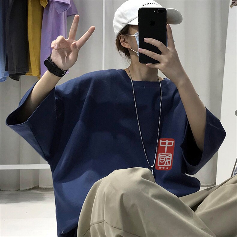 T008常年款男士休闲字母印花T恤衫外套圆领半袖五分袖TEE男女中性图片