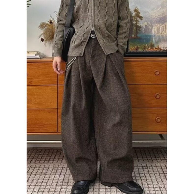 设计感打褶呢料休闲西裤男老钱风cleanfit宽松秋冬阔腿裤XH918，男装西裤，星座1116A（原606A-3）