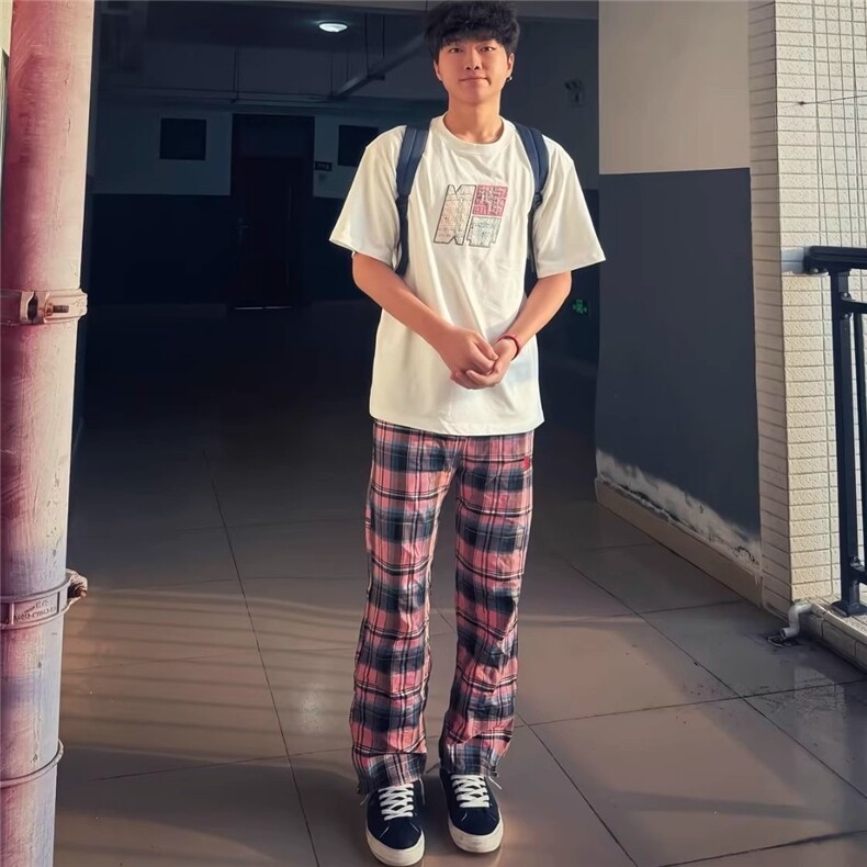 美式慵懒风四季直筒百搭粉色格子裤男阔腿裤日常休闲裤XCK92,男装休闲裤,星座208-5