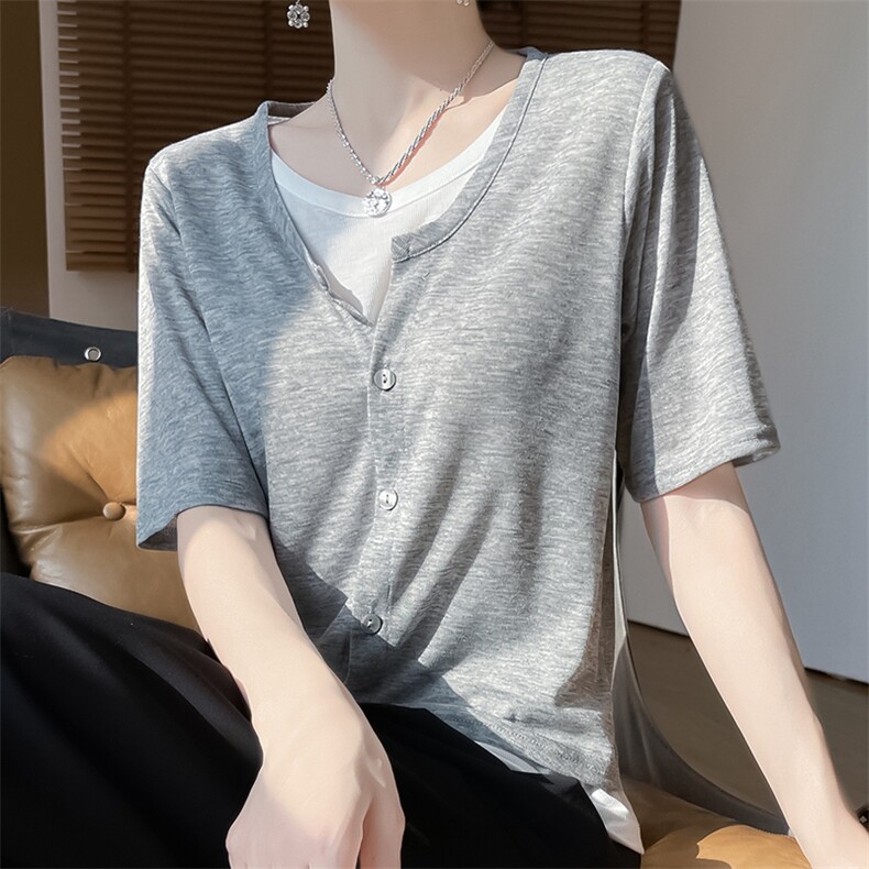 低圆领新款针织女短袖纯色开衫简约百搭宽松假两件,针织衫/毛衣,绒宛羊绒