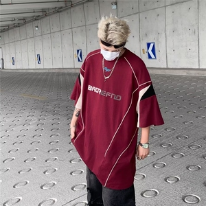 美式复古运动球服线条拼接短袖T恤男夏百搭休闲宽松球衣 T03图片