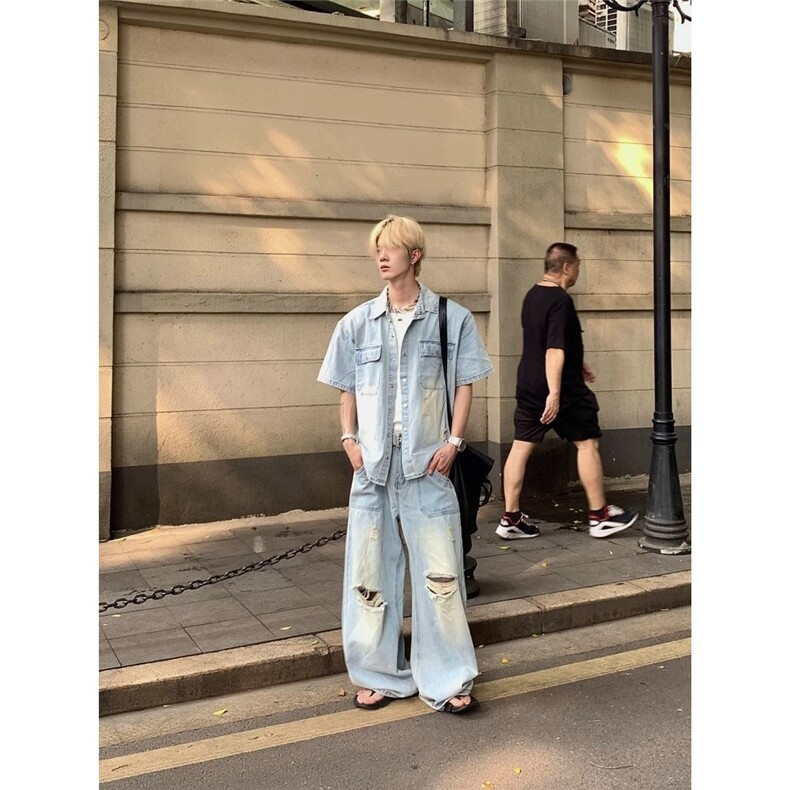 2025夏季新款小众做旧牛仔套装男一套cleanfit短袖衬衫牛仔直筒裤,男装衬衫,星座506A