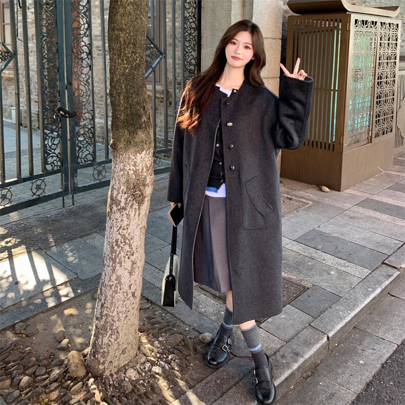 现货2025新款双面羊毛呢正反两穿多种搭配连帽羊毛大衣外套,女装双面呢大衣,丝露依尚（原SL）