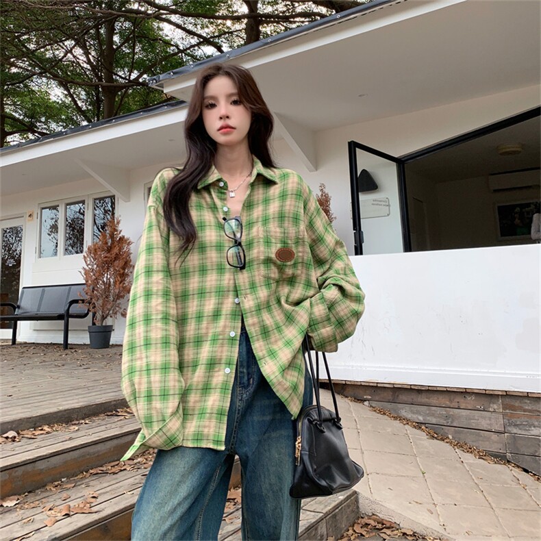 TC686-P45绿色格子衬衫外套女小众设计感上衣宽松百搭小衫早秋,女装衬衫,星座617A-2