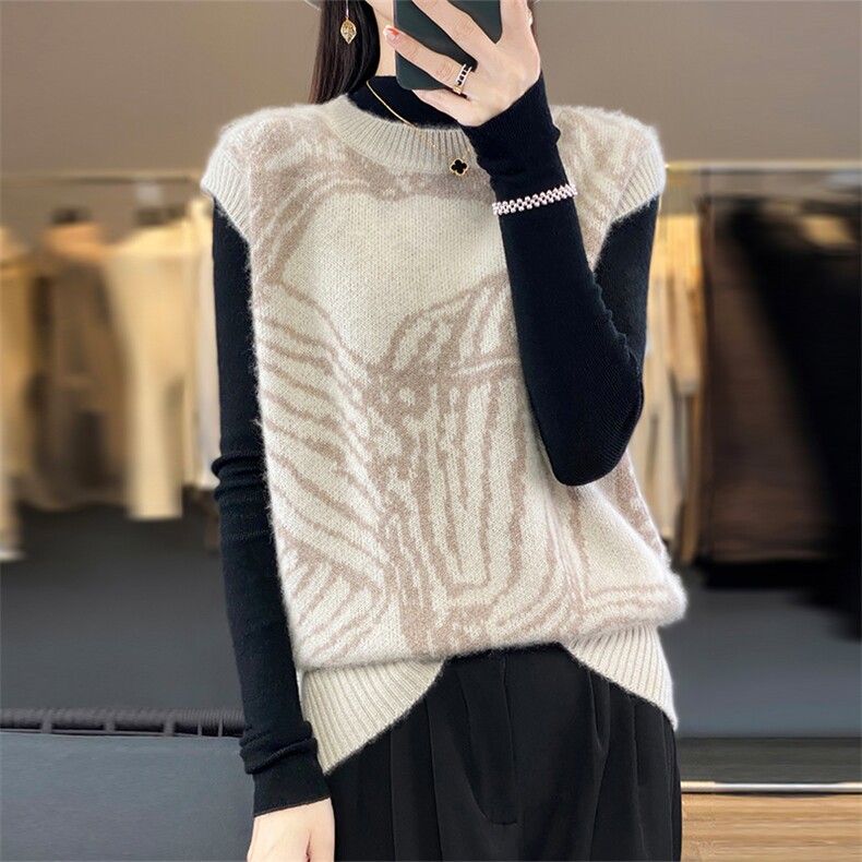 拼色圆领100%纯羊毛衫马甲女宽松无袖坎肩背心叠穿羊绒打底衫上衣,女装马甲,美雪羊绒