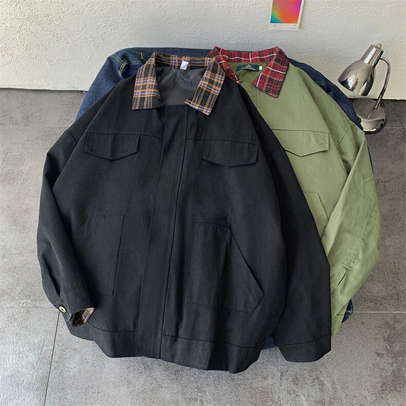 A71春装夹克衫男装外衣格子领外套男万一青少年学生开衫工装服图片