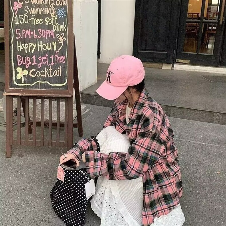粉色甜酷撞色格子衬衫女春秋季宽松气质长袖上衣XCS59,男装衬衫,星座208-5